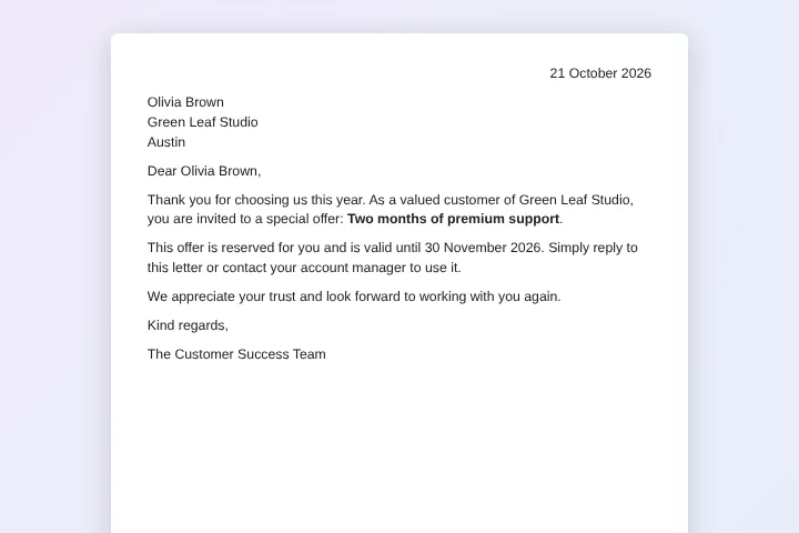 Autocrat alternative: a customer letter created by MergeDoc from one spreadsheet row
