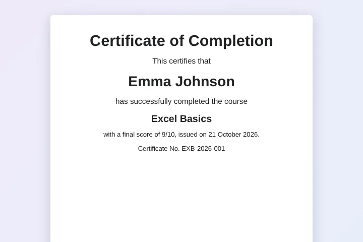 Bulk certificate generator from Google Sheets: a completion certificate for Emma Johnson, Excel Basics