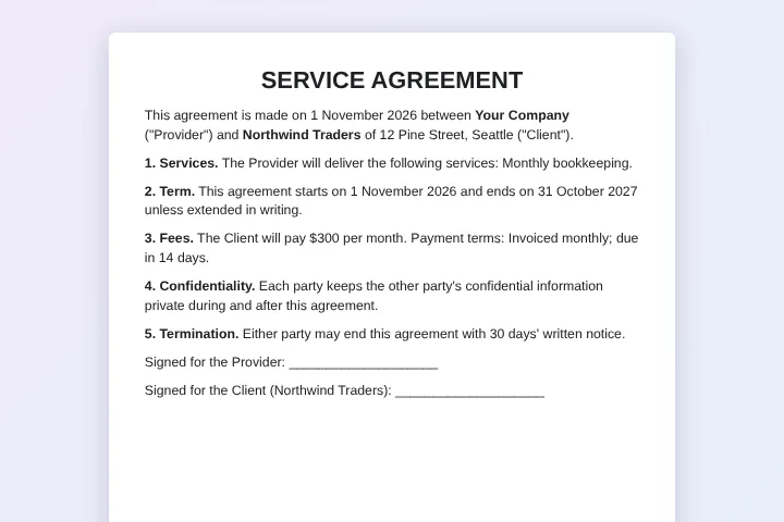 Generate contracts from a spreadsheet: a service agreement filled with client name, service and fee
