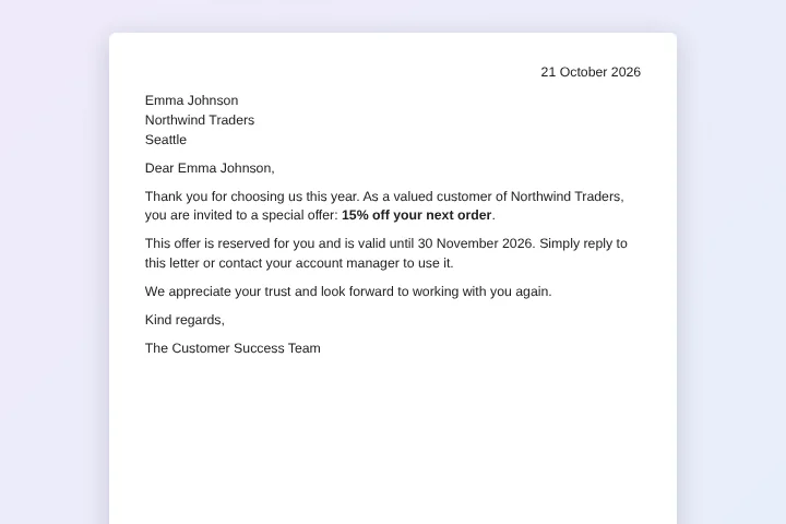 Mail merge Google Docs from Google Sheets: a customer letter filled with a name, company and offer