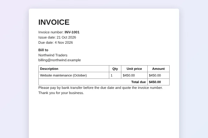 Bulk invoice generator from spreadsheet: invoice INV-1001 for Northwind Traders with total due