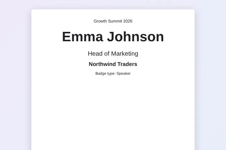Bulk name badge generator: a speaker badge for Emma Johnson, Head of Marketing