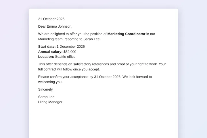 Bulk offer letter generator: an offer letter for a Marketing Coordinator with salary and start date