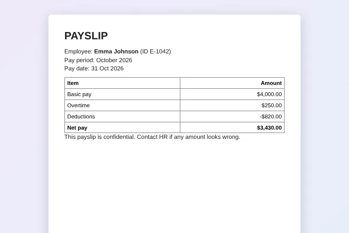 Payslip generator from Excel: an October payslip showing basic pay, overtime, deductions and net pay