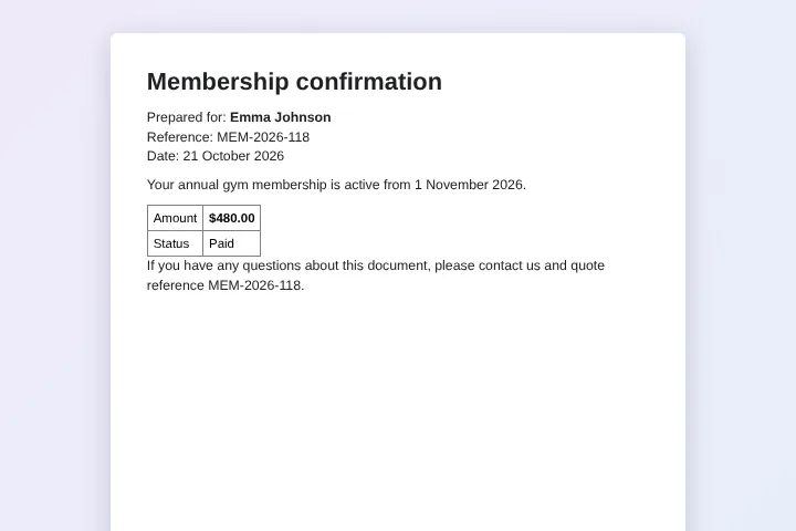 Google Sheets to PDF mail merge: a membership confirmation PDF made from one spreadsheet row